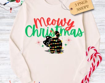 Maullido navideño, lindo, divertido, moderno PNG sublimación (descarga digital)