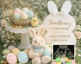 Plantilla para anuncio de embarazo "Some Bunny Is Expected" / Diseño editable de cesta de Pascua (descarga digital)