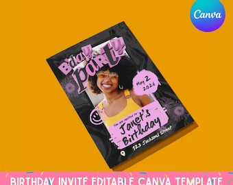 Plantilla editable de invitación de cumpleaños con temática de álbum de recortes vintage de moda / Invitación de cumpleaños editable en Canva (Descarga digital)