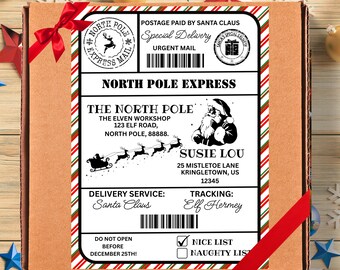 Plantilla de etiqueta adhesiva para correo de Papá Noel, Canva navideño editable (descarga digital)
