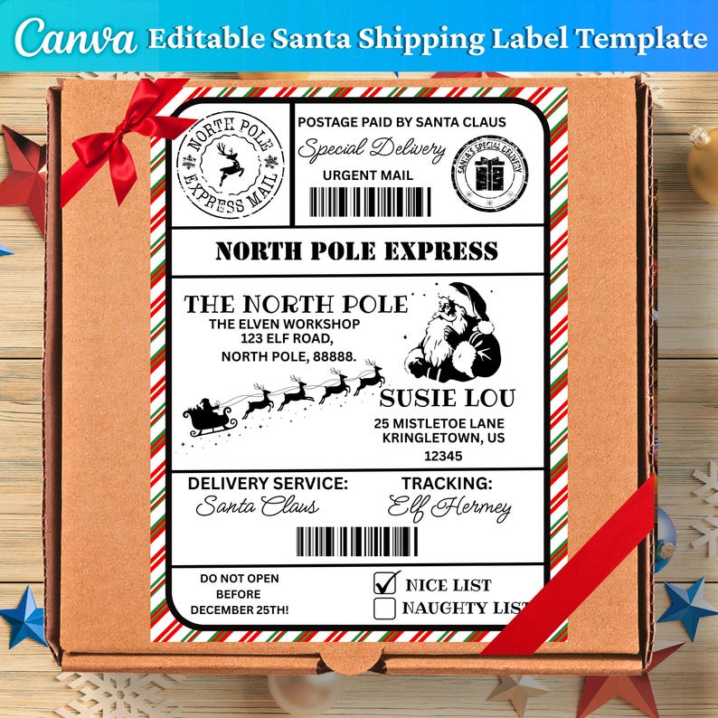 Santa Label Vector Santa Mail Sticker Label Template, Editable Christmas Canva (digital ...
