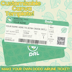 Pode incluir: Modelo Canva personalizável para um cartão de embarque da Dodo Airlines. O design apresenta um esquema de cores verde e branco com padrões de folhas. O bilhete inclui detalhes como portão, hora do embarque, assento e um código QR.