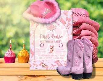 Invitación de cumpleaños estilo vaquero rosa para el primer rodeo del bebé / Invitación de cumpleaños editable en Canva (¡Incluye versión animada!)