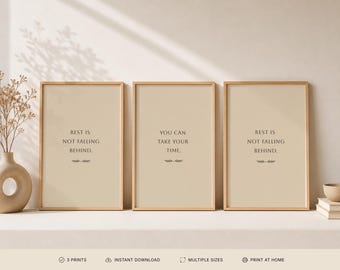 Rest Is Not Falling Behind Wall Art Set of 3 | Self Compassion Quote Poster | Minimalist Beige Decor | Printable Instant Download