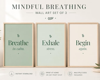 Mindful Breathing Wall Art Set | Calm, Stress, Begin Prints (Digital Download)