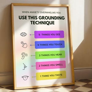 May include: A wooden framed poster with the text "WHEN ANXIETY OVERWHELMS YOU USE THIS GROUNDING TECHNIQUE." The poster lists grounding techniques: 5 things you see, 4 things you touch, 3 things you hear, 2 things you smell, and 1 thing you taste.