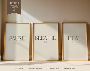 Pause Breathe Heal Wall Decor Set of 3 | Bold Typography Poster Trio | Warm Cream Minimalist Print | Printable Instant Download
