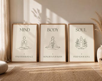 Mind Body Soul Yoga Wall Art Set of 3 | Line Art Meditation Poster Trio | Boho Spiritual Decor | Printable Instant Download