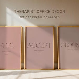 Pode incluir: Um conjunto de três quadros decorativos com fundo rosa seco. O primeiro quadro diz FEEL Your emotions, o segundo ACCEPT Your experience e o terceiro GROUND Come back to now. Cada quadro apresenta texto escuro em molduras douradas.