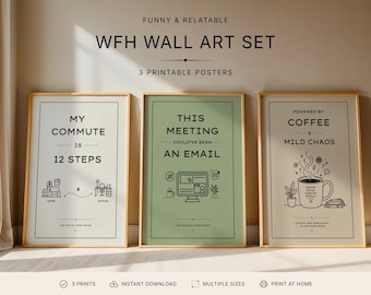 My Commute Is 12 Steps | Funny WFH Wall Art Set of 3 | Home Office Print (Digital Download)