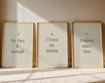 Gentle Growth Affirmation Print Set of 3 | My Pace Is Enough | I Trust My Timing | Minimalist Therapy Office Wall Art | Digital Download