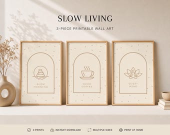 Slow Morning Good Coffee Quiet Mind Wall Art Set of 3 | Cozy Kitchen Icon Poster | Boho Line Decor | Printable Instant Download