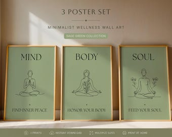 Mind Body Soul Line Art Wall Art Set of 3 | Minimalist Wellness Poster | Sage Green Yoga Decor | Printable Instant Download