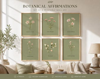 Floral Affirmation Wall Art Set of 6 | Sage Green Botanical Line Art Prints | Nature Decor (Digital Download)