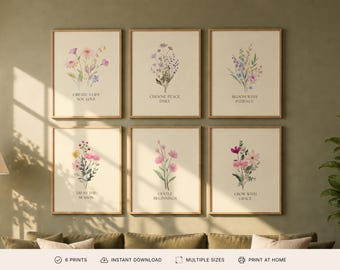 Floral Watercolor Wall Art Set of 6 | Botanical Affirmation Poster | Gold Cream Boho Decor | Printable Instant Download