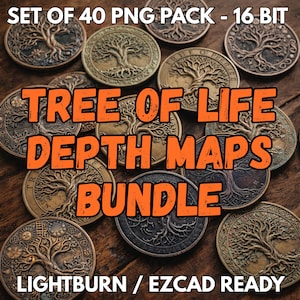 Könnte beinhalten: Eine Sammlung von bronzefarbenen Münzen mit einem Lebensbaum-Design. Das Bild enthält den Text "TREE OF LIFE DEPTH MAPS BUNDLE" in Orange, zusammen mit "SET OF 40 PNG PACK - 16 BIT" und "LIGHTBURN / EZCAD READY".