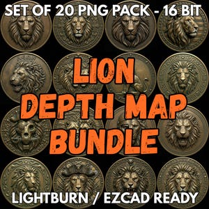 Può includere: Una collezione di venti design a tema leone in bronzo. L'immagine presenta vari ritratti e illustrazioni di leoni, con il testo "LION DEPTH MAP BUNDLE" in arancione. È visibile anche il testo "LIGHTBURN / EZCAD READY".