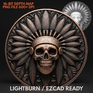 May include: A detailed, bronze-colored circular design featuring a skull wearing a feathered headdress. The image includes the text "16-BIT DEPTH MAP PNG FILE 600+ DPI" and "LIGHTBURN / EZCAD READY". The design is likely for digital art or laser engraving.