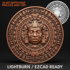 May include: A detailed bronze-colored Aztec calendar disc with a central face and intricate carvings. The text "16-BIT DEPTH MAP PNG FILE 600+ DPI" is at the top, and "LIGHTBURN / EZCAD READY" is at the bottom. A second, lighter-colored disc is visible.