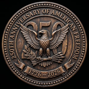 May include: A detailed, circular, bronze-colored relief sculpture commemorating the 250th Anniversary of American Freedom. The design features a majestic eagle with outstretched wings, the number 250, and the years 1776-2026.