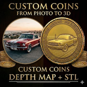 May include: An advertisement for custom coins. The image shows a red and white classic Ford Mustang and a gold coin with a Mustang design. Text includes "CUSTOM COINS FROM PHOTO TO 3D" and "DEPTH MAP + STL."