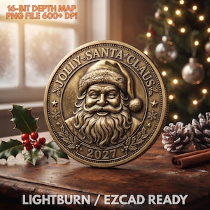 May include: A circular bronze-toned medallion featuring a relief portrait of Santa Claus wearing a hat. The text "JOLLY SANTA CLAUS" and "2027" are embossed on the face, surrounded by stars, snowflakes, and holly leaves. The text "16-BIT DEPTH MAP PNG FILE 600+ DPI" and "LIGHTBURN / EZCAD READY" is visible.