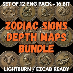 Peut inclure: Ensemble de douze médaillons de signes du zodiaque de couleur bronze. Chaque médaillon présente un relief détaillé d'un symbole du zodiaque et de sa constellation correspondante. Le texte "ZODIAC SIGNS DEPTH MAPS BUNDLE" est affiché en orange.