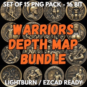 May include: A collection of 15 bronze-colored warrior-themed medallions. Each circular design features a different warrior figure or scene, with the words "WARRIORS DEPTH MAP BUNDLE" in orange. The text "LIGHTBURN / EZCAD READY" is also visible.