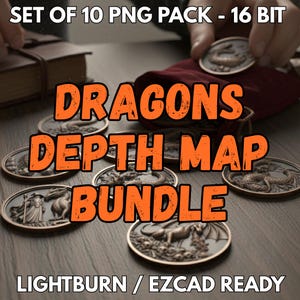 May include: A bundle of bronze-colored coins with dragon and fantasy creature designs. The coins are displayed with a red pouch and a leather-bound book. Text on the image reads "DRAGONS DEPTH MAP BUNDLE" and "LIGHTBURN / EZCAD READY."