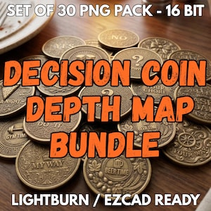 Può includere: Una collezione di 30 monete decisionali rotonde color bronzo con varie icone e testi in rilievo, tra cui YES, NO, MY WAY, BEER TIME e GYM TIME. L'immagine include il testo SET OF 30 PNG PACK - 16 BIT, DECISION COIN DEPTH MAP BUNDLE e LIGHTBURN / EZCAD READY.