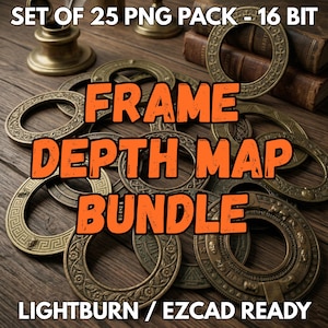 May include: A collection of bronze-colored circular frames with intricate designs, arranged on a wooden surface. The text "FRAME DEPTH MAP BUNDLE" is prominently displayed in orange. The image also includes the text "SET OF 25 PNG PACK - 16 BIT" and "LIGHTBURN / EZCAD READY".