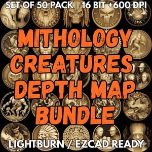 Könnte beinhalten: Eine Sammlung von 50 runden Bildern mit verschiedenen mythologischen Kreaturen und Figuren. Der Text "MITHOLOGY CREATURES DEPTH MAP BUNDLE" ist orange dargestellt. Die Bilder sind mit "LIGHTBURN / EZCAD READY" beschriftet.