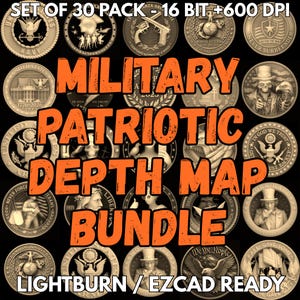 Può includere: Una collezione di 30 monete a tema militare e patriottico. Le monete presentano vari disegni, tra cui aquile, personaggi storici ed emblemi militari. Il testo "MILITARY PATRIOTIC DEPTH MAP BUNDLE" è visualizzato in arancione.