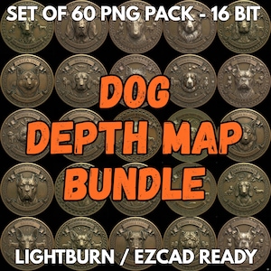 May include: A collection of 60 PNG dog breed images in a depth map bundle. Each image is a circular, bronze-colored medallion featuring a different dog breed, such as Beagle, Boxer, and Dachshund. The text "DOG DEPTH MAP BUNDLE" is displayed in orange.
