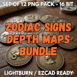 Könnte beinhalten: Eine Sammlung von bronzefarbenen Tierkreiszeichen-Medaillons. Jedes Medaillon zeigt ein anderes Tierkreissymbol und einen Namen. Der Text "ZODIAC SIGNS DEPTH MAPS BUNDLE" ist orange überlagert. Der Text "LIGHTBURN / EZCAD READY" ist ebenfalls enthalten.