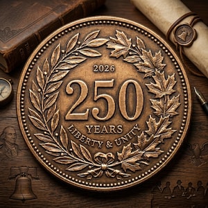 Könnte beinhalten: Eine bronzene Gedenkmünze mit der Aufschrift "250 JAHRE FREIHEIT & EINHEIT" und dem Jahr "2026". Die Münze ist von Lorbeer- und Ahornblattmotiven umgeben. Weitere Gegenstände sind ein Buch, ein Kompass und eine Schriftrolle.