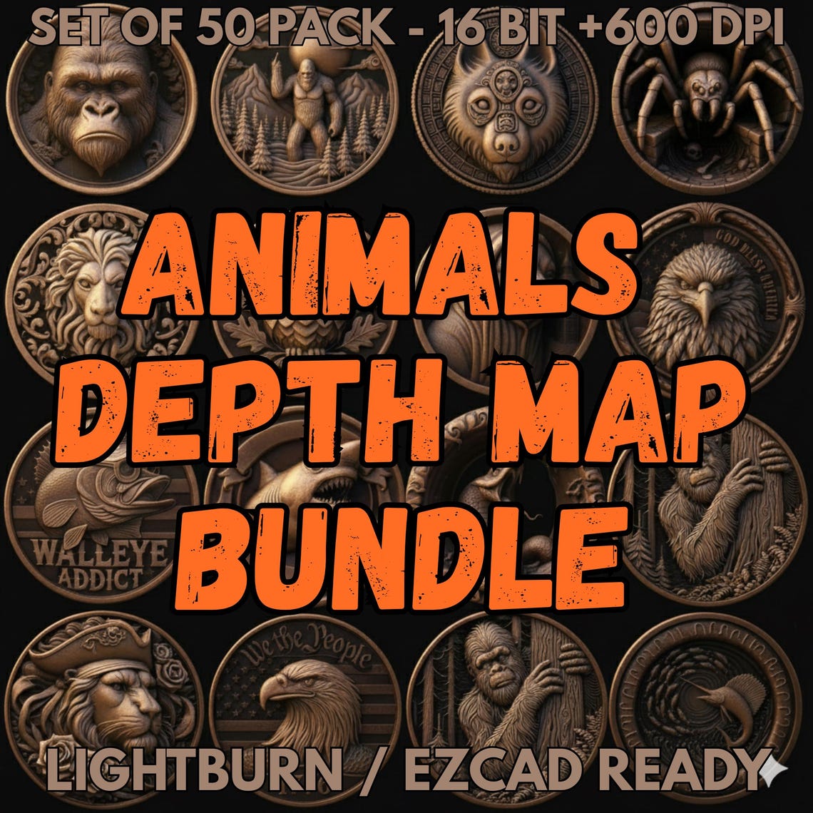 Emboss Alpha Map Animals Coin Depth Map Bundle: 3D Embossing Height Maps for Fiber Laser ...