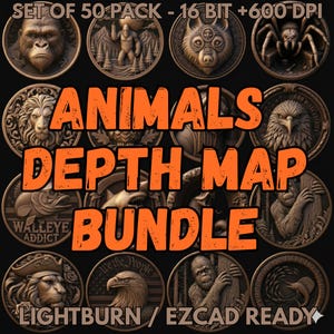 May include: A collection of bronze-colored animal-themed medallions. The image displays various animal designs, including a gorilla, wolf, spider, lion, and eagle. Text on the image reads "ANIMALS DEPTH MAP BUNDLE" and "LIGHTBURN / EZCAD READY".