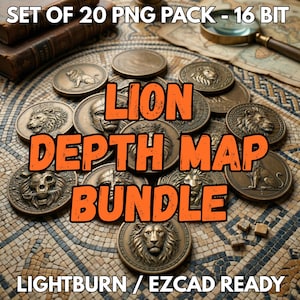 Könnte beinhalten: Eine Ansammlung von bronzefarbenen Medaillons mit Löwenmotiven, angeordnet auf einer Mosaikoberfläche. Der Text "LION DEPTH MAP BUNDLE" ist deutlich sichtbar. Der Text "SET OF 20 PNG PACK - 16 BIT" und "LIGHTBURN / EZCAD READY" ist ebenfalls vorhanden.