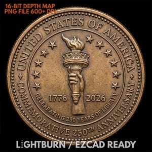 Könnte beinhalten: Eine bronzefarbene, kreisförmige Gedenkmünze mit einer Hand, die eine brennende Fackel hält. Der Text lautet UNITED STATES OF AMERICA, 1776, 2026, CELEBRATING 250 YEARS OF LIBERTY und COMMEMORATIVE 250TH ANNIVERSARY, umgeben von Sternen.