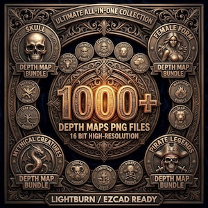 May include: A bronze-toned digital graphic featuring the text 1000+ DEPTH MAPS PNG FILES 16 BIT HIGH-RESOLUTION. The design includes circular medallions labeled Skull, Female Form, Mythical Creatures, and Pirate Legends, plus smaller icons.