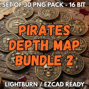 May include: A collection of thirty circular bronze-toned pirate-themed coins featuring embossed designs of skulls, ships, and figures. The text SET OF 30 PNG PACK - 16 BIT, PIRATES DEPTH MAP BUNDLE 2, and LIGHTBURN / EZCAD READY is overlaid.