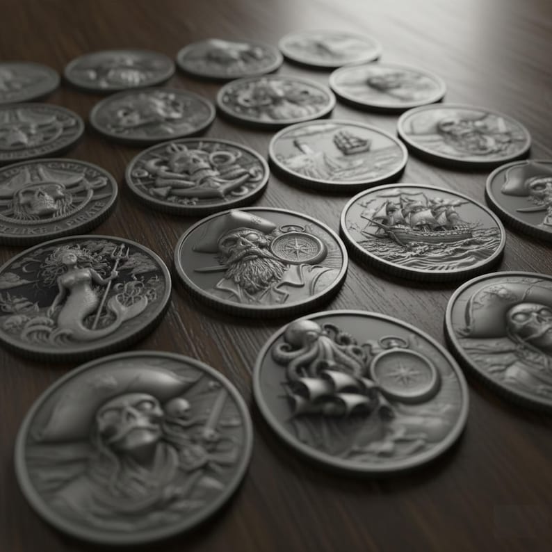 Map Coin Design 30 Pirate Coin PNG Depth Map Bundle: 3D Embossing Height Maps for Fiber ...