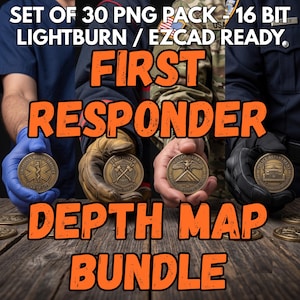 Könnte beinhalten: Ein Set aus 30 PNG-Dateien, 16-Bit, Lightburn- und EzCad-bereit, mit einem First Responder Depth Map Bundle. Das Bild zeigt vier Hände, die bronzefarbene Münzen mit Emblemen für Rettungsdienste, Feuerwehr, Ehrengarde und Polizei halten.