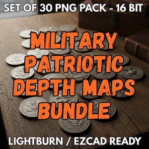 Puede incluir: Una colección de monedas de plata sobre una superficie de madera. El texto "MILITARY PATRIOTIC DEPTH MAPS BUNDLE" en naranja es visible. La imagen tiene un tema patriótico o militar, con las monedas como elemento central.