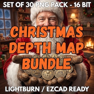 Può includere: Una collezione digitale intitolata SET OF 30 PNG PACK - 16 BIT CHRISTMAS DEPTH MAP BUNDLE LIGHTBURN / EZCAD READY con una grafica di Babbo Natale che tiene in mano un gruppo di monete rotonde color oro con varie immagini natalizie in rilievo.