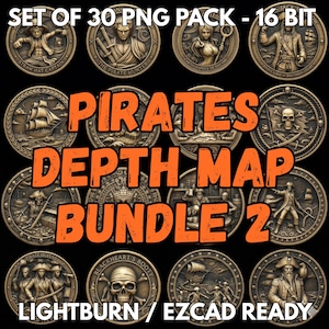 Puede incluir: Una colección de 12 medallones de temática pirata de color bronce. Cada medallón presenta un personaje o símbolo pirata diferente, como una calavera, un barco o un capitán pirata. El texto "PIRATES DEPTH MAP BUNDLE 2" se muestra en naranja.