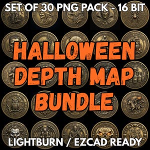 Könnte beinhalten: Eine digitale Sammlung von 30 kreisförmigen, bronzefarbenen Medaillons mit verschiedenen geprägten Halloween-Motiven, darunter ein Spukhaus, ein Werwolf, ein Vampir, eine Spinne, eine Eule und ein Kürbis, als 16-Bit-PNG-Depth-Map-Bundle.