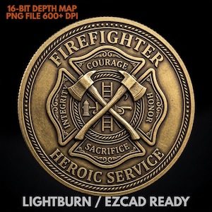 Firefighter Challenge Coin Depth Map PNG Fiber Laser Engraving Design 16 Bit 3D Relief Lightburn EZCAD File Digital Download