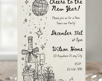 New Year’s Eve Party Invitation | Line Art NYE Invite | Editable Template | Printable Holiday Party Evite • Minimalist Black & White Design